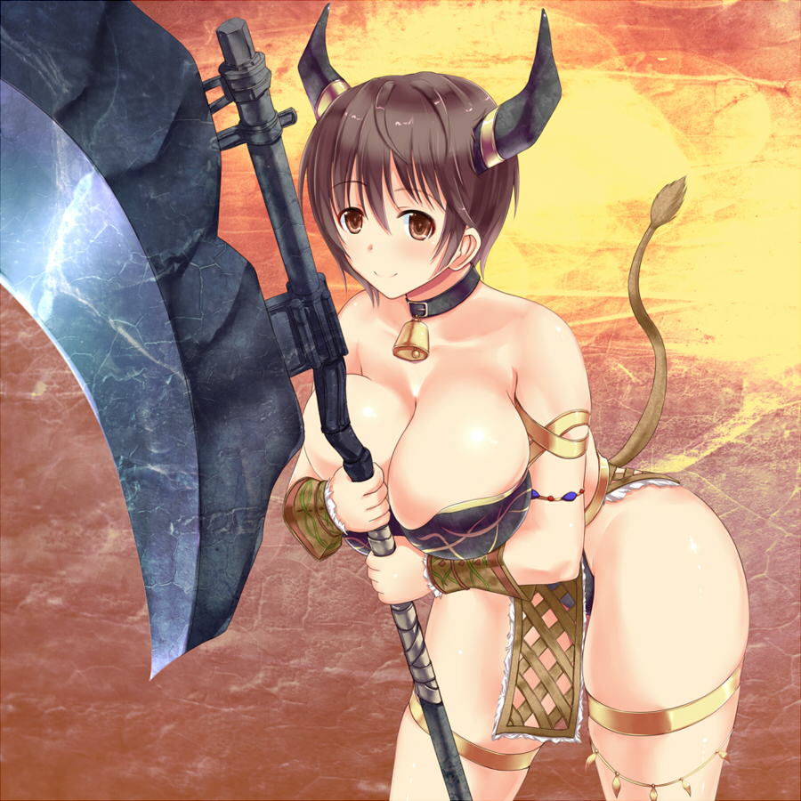 10s 1girl axe bangs bare_shoulders bell bell_collar blush bracer breasts brown_eyes brown_hair cleavage collar collarbone cow_horns cow_tail cowboy_shot curvy holding holding_weapon horns idolmaster idolmaster_cinderella_girls large_breasts leaning_forward looking_at_viewer oikawa_shizuku rokushiru_(muzai-p) short_hair smile solo tail thighlet weapon