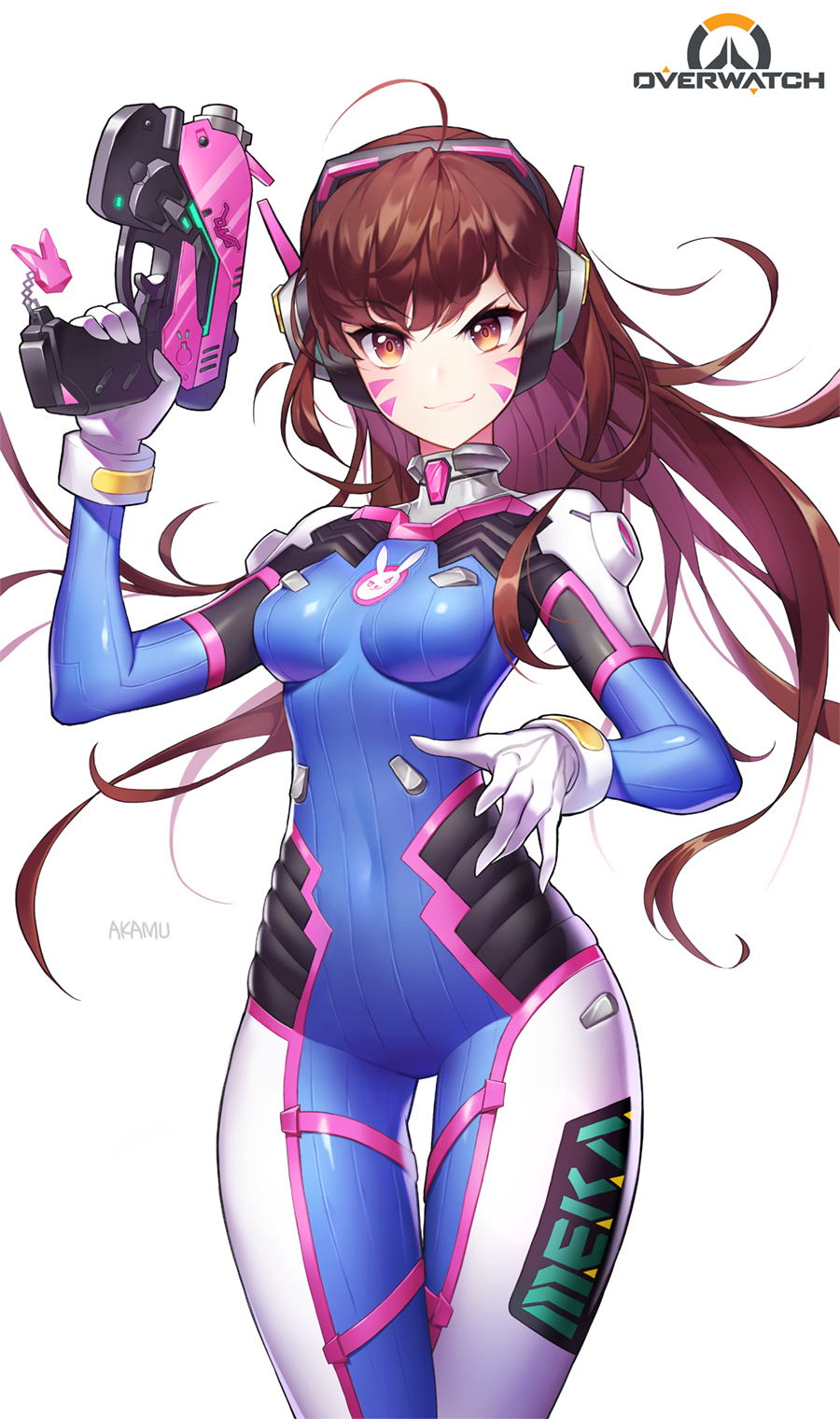 &gt;:) 1girl acronym ahoge akamu animal_print artist_name bangs blue_bodysuit bodysuit breasts brown_eyes brown_hair bubble_blowing bunny_print charm_(object) clothes_writing copyright_name covered_navel cowboy_shot d.va_(overwatch) eyebrows_visible_through_hair facepaint facial_mark finger_on_trigger gloves gun handgun headphones high_collar highres long_hair looking_at_viewer medium_breasts overwatch pilot_suit pink_lips pistol ribbed_bodysuit shoulder_pads signature simple_background skin_tight solo swept_bangs weapon whisker_markings white_background white_gloves