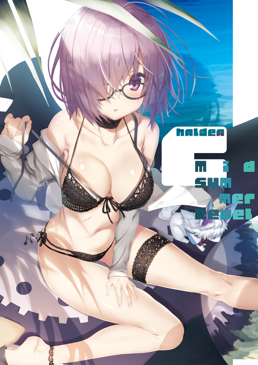 1girl ankleband barefoot bikini black-framed_eyewear black_bikini breasts choker cleavage collarbone fate/grand_order fate_(series) folded_leg fou_(fate/grand_order) front-tie_bikini front-tie_top glasses hair_over_one_eye halter_top halterneck highres kagome_(traumatize) large_breasts layered_bikini leg_garter long_sleeves looking_at_viewer navel off_shoulder outdoors parted_lips purple_hair shield shielder_(fate/grand_order) short_hair side-tie_bikini sitting sleeves_past_wrists solo strap_slip swimsuit swimsuit_under_swimsuit thigh_strap untied untied_bikini violet_eyes water