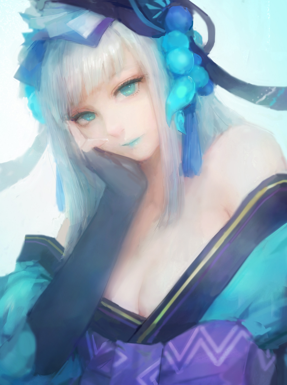 1girl aoandon aqua_eyes bangs bare_shoulders blue_lipstick blunt_bangs breasts cleavage commentary_request elbow_gloves gloves hair_ornament hand_on_own_face highres hime_cut japanese_clothes kimono lipstick long_hair looking_at_viewer makeup miche off_shoulder onmyoji onmyouji sidelocks simple_background solo upper_body white_hair