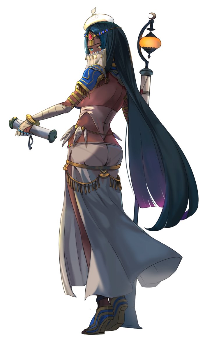 1girl arabian_clothes bandage bandaged_arm black_hair blue_eyes breasts circlet dark_skin fate/grand_order fate_(series) forehead_jewel full_body hsin jewelry large_breasts long_hair looking_at_viewer pelvic_curtain revealing_clothes scheherazade_(fate/grand_order) scroll solo standing veil very_long_hair