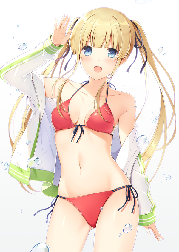 1girl 6u_(eternal_land) :d arm_up bangs bikini blue_ribbon blunt_bangs blush breasts collarbone contrapposto cowboy_shot fang hair_ribbon hips jacket long_hair looking_at_viewer navel open_clothes open_jacket open_mouth red_bikini ribbon saenai_heroine_no_sodatekata sawamura_spencer_eriri simple_background small_breasts smile solo swimsuit thighs twintails water_drop white_background