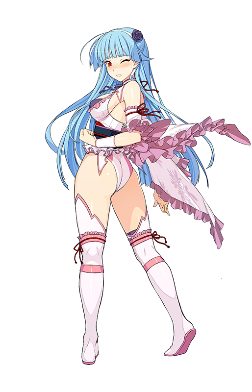 1girl ass bangs bare_shoulders blue_hair blunt_bangs blush boots breasts clenched_hand detached_sleeves flower frilled_sleeves frills hair_flower hair_ornament hairband himukai_kyousuke japanese_clothes leotard long_hair looking_at_viewer obi official_art one_eye_closed red_eyes ribbon ring_dream sash solo wince wrestling_outfit yuki_onna_(ring_dream)