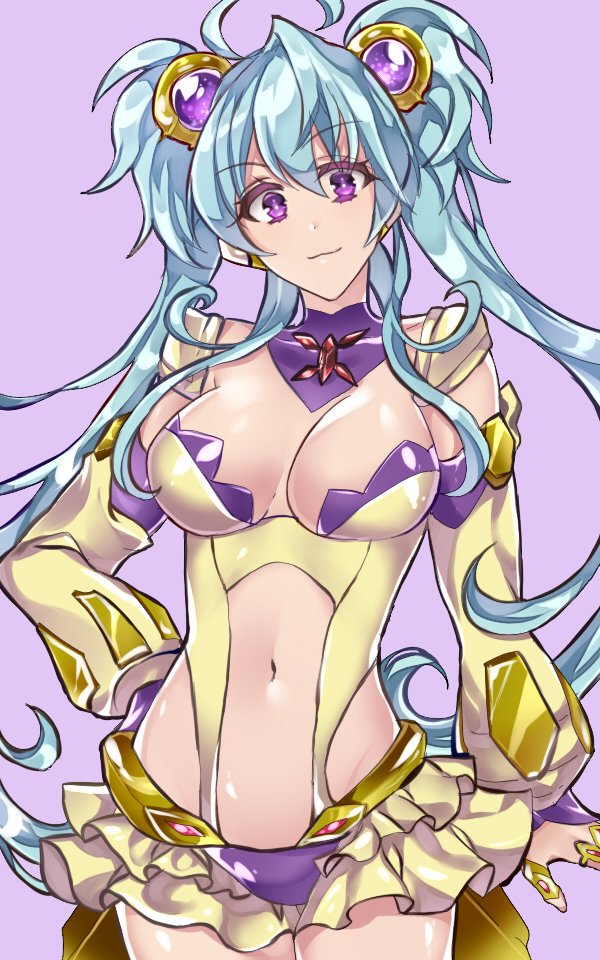 1girl blue_hair breasts cagliostro_(symphogear) cleavage detached_sleeves hair_ornament hand_on_hip jewelry large_breasts long_hair looking_at_viewer midriff navel puffy_sleeves purple_background resyeol ring senki_zesshou_symphogear skirt smile solo twintails violet_eyes