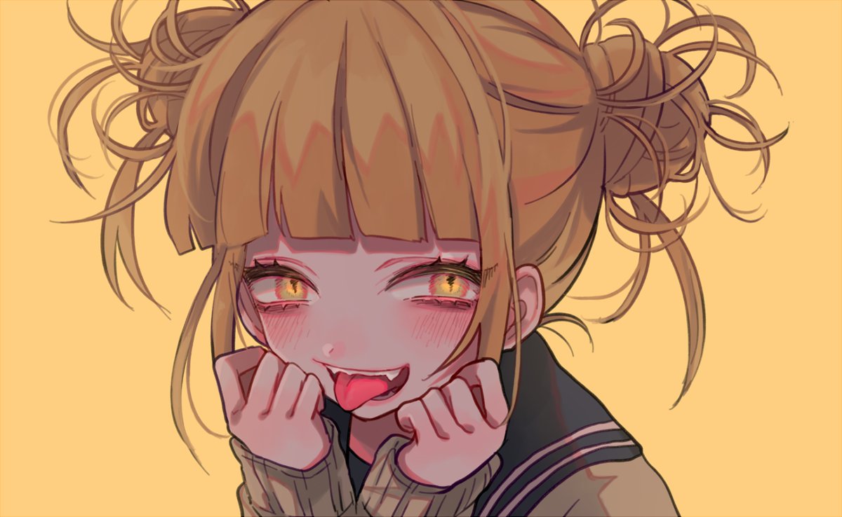 10s 1girl 382 :p bangs blonde_hair blunt_bangs blush boku_no_hero_academia cardigan double_bun face fangs hair_bun long_sleeves looking_at_viewer open_mouth school_uniform serafuku simple_background slit_pupils smile solo teeth toga_himiko tongue tongue_out twintails yandere_trance yellow_background yellow_eyes