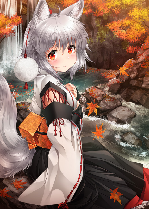 1girl ahoge animal_ears blush bridal_gauntlets detached_sleeves hat inubashiri_momiji japanese_clothes kei_kei kourindou_tengu_costume leaf long_sleeves looking_at_viewer looking_back maple_leaf obi outdoors pom_pom_(clothes) red_eyes ribbon-trimmed_sleeves ribbon_trim river sash short_hair silver_hair sitting smile solo tail tokin_hat touhou water waterfall wide_sleeves wolf_ears wolf_tail