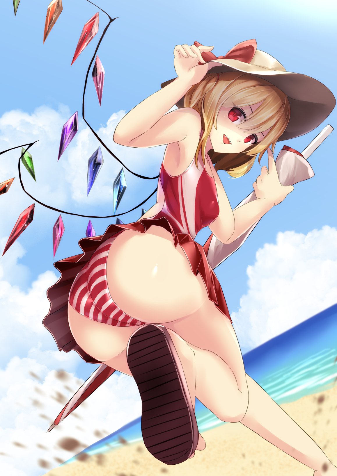 1girl ass bare_legs beach beach_umbrella bikini blonde_hair blue_sky bow clouds cloudy_sky competition_swimsuit day fangs flandre_scarlet hair_between_eyes hat hat_bow highres holding holding_umbrella looking_at_viewer miniskirt ocean one-piece_swimsuit open_mouth outdoors pleated_skirt red_bow red_eyes red_skirt red_swimsuit running sand shoe_soles sinkai skirt sky smile solo striped striped_bikini summer swimsuit touhou umbrella wings