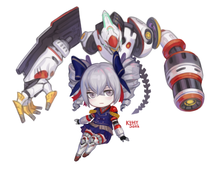 1girl artist_name blue_bow blue_jacket blue_skirt bow bronya_zaychik bronya_zaychik_(valkyrie_chariot) chibi closed_mouth drill_hair english_commentary expressionless full_body grey_eyes grey_hair hair_bow honkai_(series) honkai_impact_3rd jacket kutty-sark looking_at_viewer project_bunny simple_background skirt solo twin_drills white_background