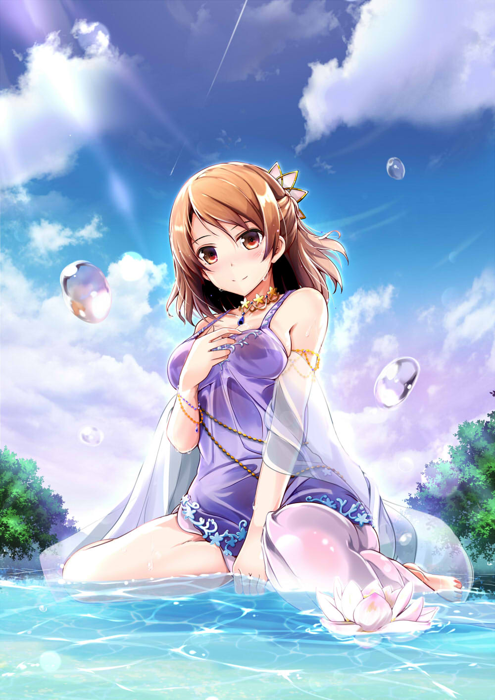 10s 1girl bare_shoulders barefoot blue_sky blush breasts brown_eyes brown_hair clouds commentary day dress flower from_below hair_ornament highres houjou_karen idolmaster idolmaster_cinderella_girls kiki_(koikuchikinako) looking_at_viewer lotus medium_breasts outdoors partially_submerged purple_dress river sitting sky smile solo tree wariza water water_drop wet