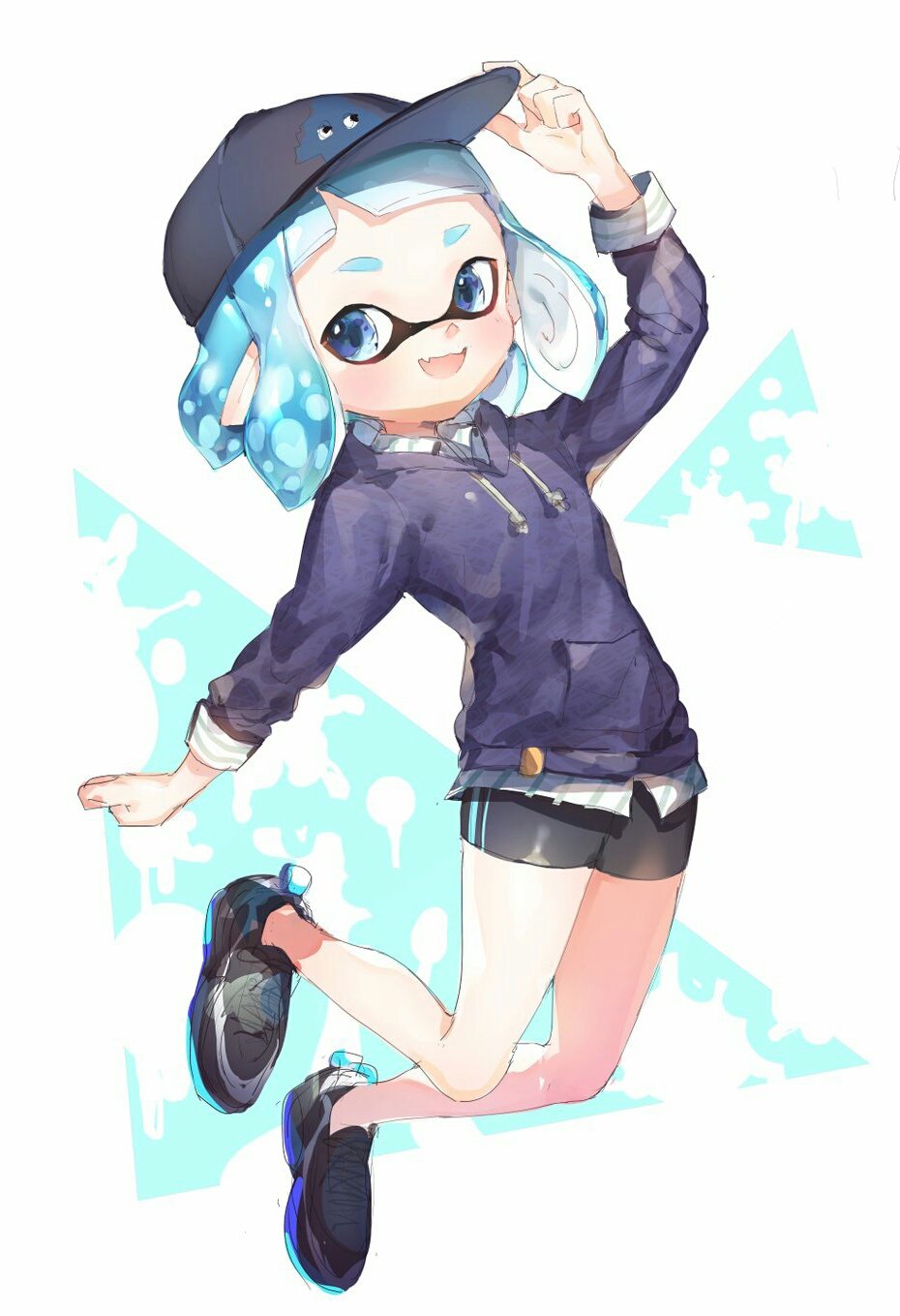 1girl arm_up baseball_cap bike_shorts blue_eyes blue_hair blue_shirt domino_mask fang hand_on_headwear hat highres inkling jumping mask open_mouth pointy_ears shirt shoes short_hair shorts smile sneakers solo splatoon sprbouuz tentacle_hair