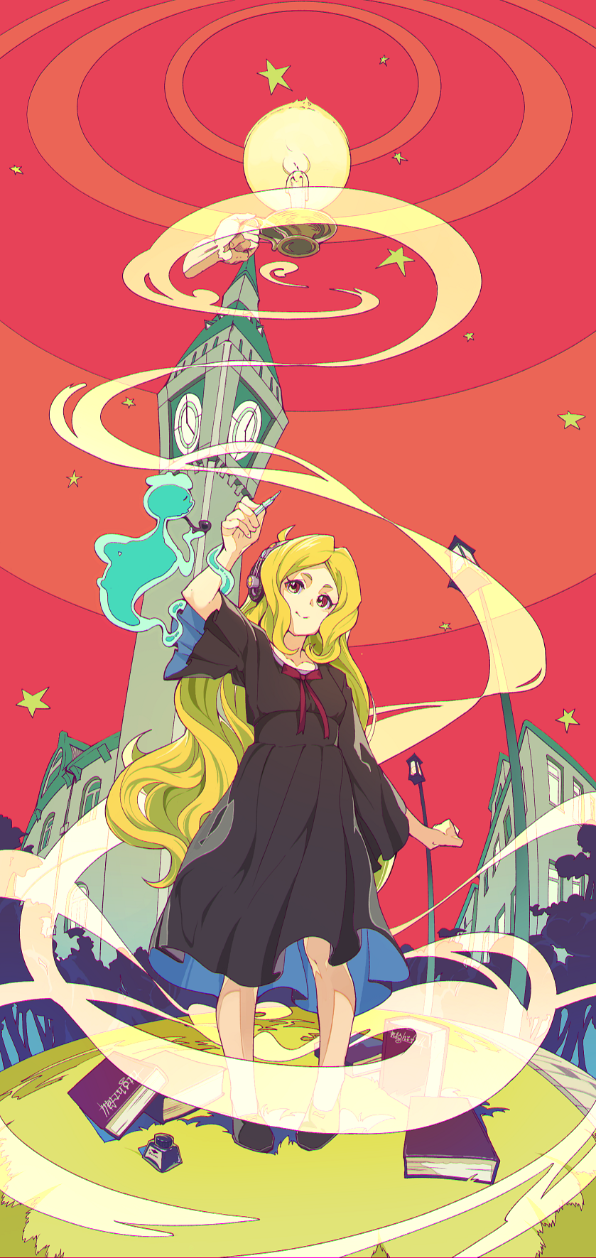 1girl anabel_creme black_dress black_shoes blonde_hair book brown_eyes commentary_request disembodied_limb dress elizabeth_tower fisheye flat_chest fog ghost headphones highres holding holding_pen ink_bottle kamameshi_gougoumaru lamp lamppost little_witch_academia long_hair perspective pipe red_sky shoes sky smile standing star