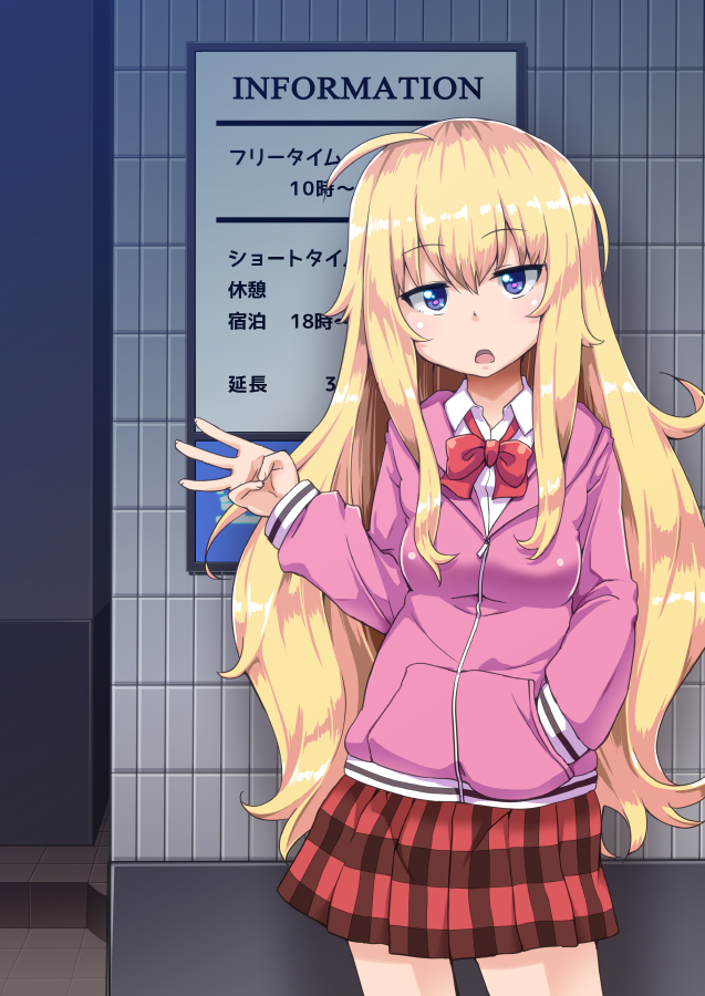 1girl :o ahoge blonde_hair blue_eyes bon_(moegomi) breasts chestnut_mouth cowboy_shot english eyebrows_visible_through_hair gabriel_dropout hand_in_pocket hood hoodie jitome long_hair looking_at_viewer messy_hair necktie open_mouth pink_hoodie pleated_skirt school_uniform shirt skirt small_breasts solo tenma_gabriel_white tile_wall tiles w white_shirt