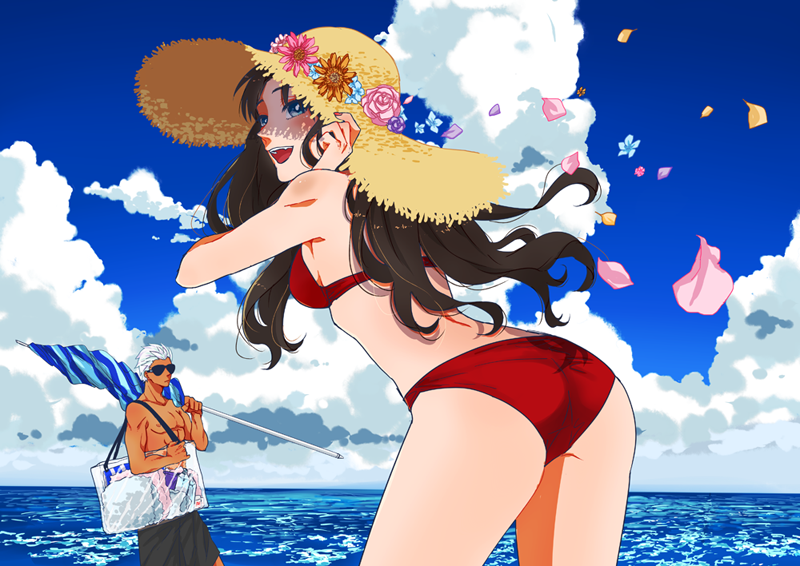 1boy 1girl :d archer ass azu_(pixiv885168) bikini black_hair black_shorts blue_eyes breasts clouds cloudy_sky dark_skin day fate/stay_night fate_(series) floating_hair flower hat hat_flower holding leaning_forward long_hair looking_at_viewer looking_back medium_breasts ocean open_mouth outdoors red_bikini shorts sideboob silver_hair sky smile straw_hat sun_hat sunglasses swim_trunks swimsuit tohsaka_rin yellow_hat