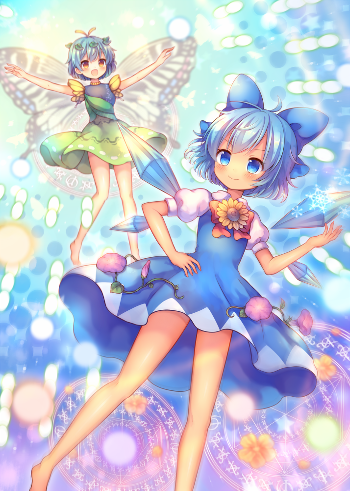 &gt;:) 2girls :d antennae barefoot blue_bow blue_dress blue_eyes blue_hair blush bow brown_eyes butterfly_wings closed_mouth danmaku dress eternity_larva flower full_body green_dress hair_bow hair_ornament ice ice_wings leaf_hair_ornament magic_circle multiple_girls open_mouth outstretched_arms pjrmhm_coa puffy_short_sleeves puffy_sleeves short_hair short_sleeves smile spread_arms sunflower tanned_cirno touhou wings