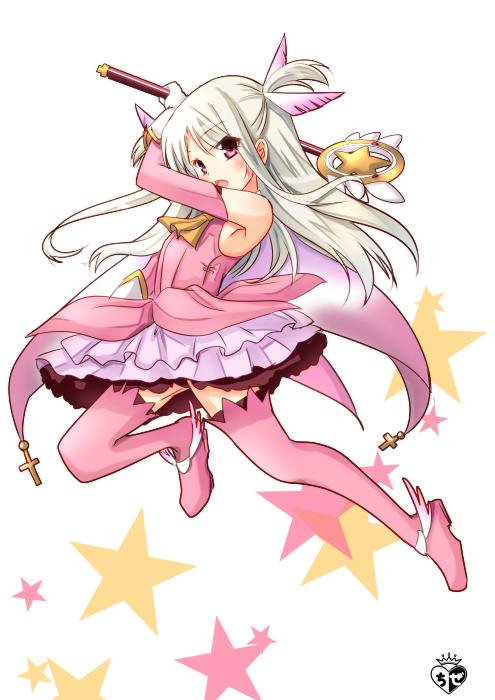 1girl arm_up armpits boots chize detached_sleeves dress eyebrows_visible_through_hair fate/kaleid_liner_prisma_illya fate_(series) feathers female floating_hair full_body gloves hair_feathers holding holding_staff illyasviel_von_einzbern layered_dress magical_girl one_side_up open_mouth pink_boots pink_dress pink_feather red_eyes silver_hair simple_background solo staff thigh-highs thigh_boots violet_eyes white_background white_gloves