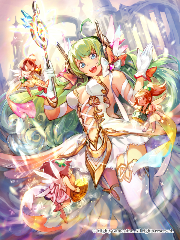 :d blue_eyes bow breasts castle cleavage cymbals dragon_tactics drum drumsticks fairy garter_straps gloves green_hair hair_bow horn instrument koto-yori long_hair medium_breasts musical_note navel official_art open_mouth outdoors smile standing thigh-highs wand watermark white_gloves white_legwear