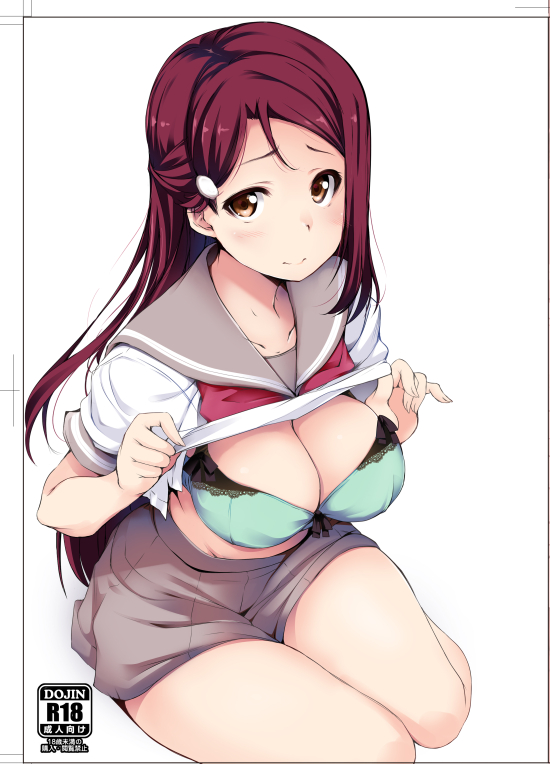 1girl aqua_bra blush bra breasts brown_eyes cleavage cover cover_page doujin_cover gengoroh hair_ornament hairclip half_updo large_breasts lifted_by_self long_hair looking_at_viewer love_live! love_live!_sunshine!! neckerchief red_neckerchief redhead sakurauchi_riko school_uniform serafuku shirt_lift short_sleeves simple_background sitting skirt smile solo underwear white_background yellow_eyes