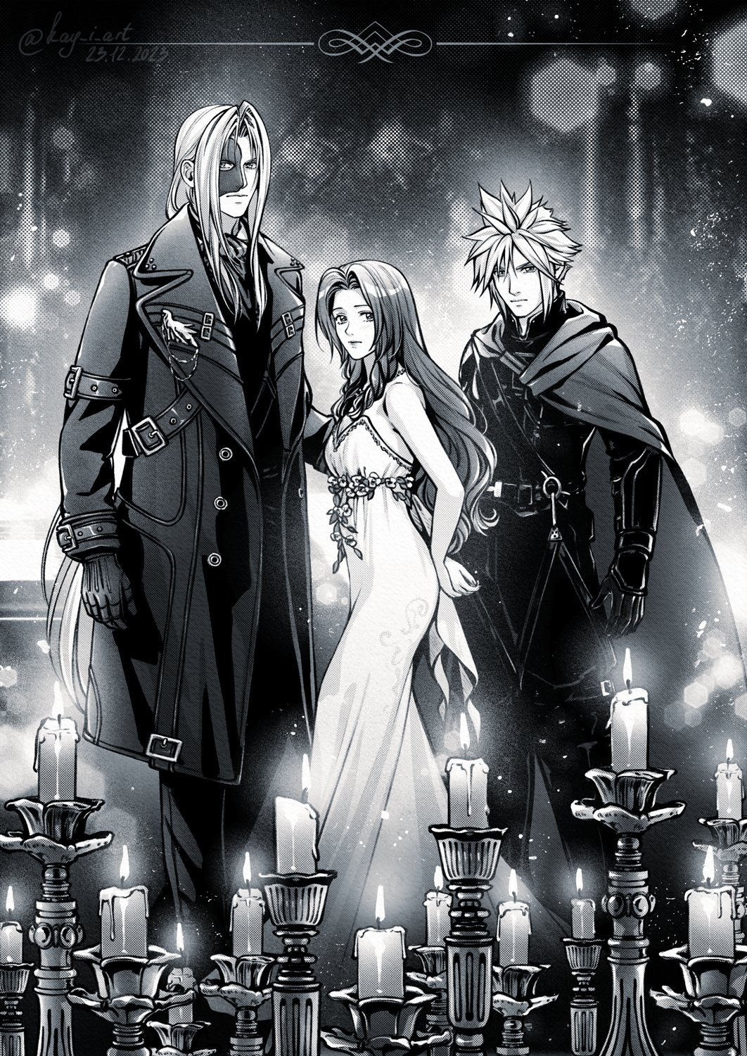 1girl 2boys aerith_gainsborough arm_around_back armor arms_behind_back back_bow black_armor black_coat black_gloves bow breasts candle christine_daae christine_daae_(cosplay) cloak closed_mouth cloud_strife coat cosplay dress dress_flower erik_(phantom_of_the_opera) erik_(phantom_of_the_opera)_(cosplay) eye_mask feet_out_of_frame final_fantasy final_fantasy_vii final_fantasy_vii_rebirth final_fantasy_vii_remake gloves greyscale hair_between_eyes highres kay-i long_bangs long_coat long_dress long_hair looking_at_viewer mask_over_one_eye medium_breasts monochrome multiple_boys official_alternate_costume parted_bangs phantom_of_the_opera raoul_de_chagny raoul_de_chagny_(cosplay) sephiroth short_hair sidelocks spiky_hair strapless strapless_dress wavy_hair white_dress