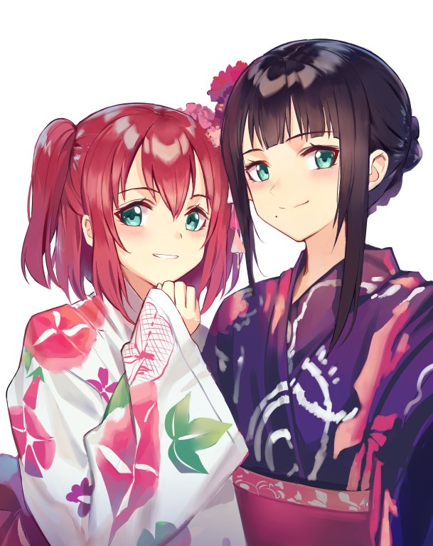 alternate_hairstyle black_hair flower green_eyes hair_flower hair_ornament huanxiang_heitu japanese_clothes kimono kurosawa_dia kurosawa_ruby long_hair looking_at_viewer love_live! love_live!_school_idol_project love_live!_sunshine!! mole mole_under_mouth obi redhead sash short_hair siblings sisters smile twintails white_background yukata