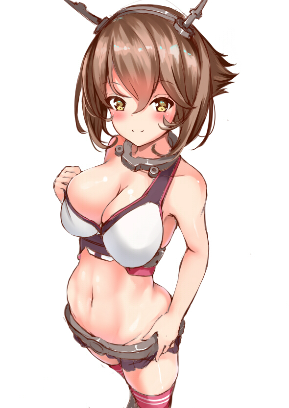 1girl adapted_costume asymmetrical_breasts bikini breasts brown_eyes brown_hair groin hair_between_eyes headgear kantai_collection large_breasts mutsu_(kantai_collection) navel short_hair simple_background smile solo stomach swimsuit thigh-highs white_background white_bikini yukishiro_arute