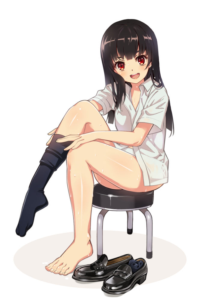 1girl :d bangs barefoot black_hair black_legwear blush chair collared_shirt feet loafers long_hair looking_at_viewer no_shoes nyoronyoro open_mouth panties red_eyes shiny shiny_skin shirt shoes shoes_removed short_sleeves single_sock sitting smile socks sweat teeth toes underwear undressing white_panties white_shirt