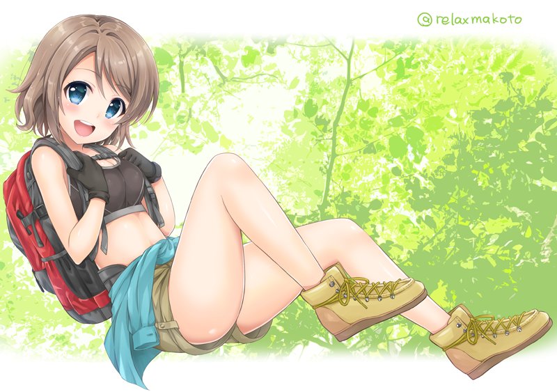 1girl :d backpack bag bare_legs black_gloves blue_eyes blush clothes_around_waist commentary_request crop_top gloves grey_hair high_tops hiking holding_strap jacket_around_waist looking_at_viewer love_live! love_live!_sunshine!! midriff open_mouth sakurai_makoto_(custom_size) shoes short_hair shorts smile solo twitter_username watanabe_you