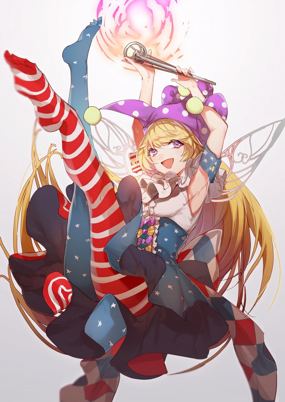 1girl american_flag_legwear american_flag_skirt arm_cuffs armpits arms_up blonde_hair bow clownpiece fairy_wings fire full_body grey_background hat high-waist_skirt highres holding jester_cap legs_up long_hair neck_ribbon no-kan open_mouth pantyhose polka_dot purple_bow ribbon sash simple_background skirt smile solo star star_print striped torch touhou very_long_hair violet_eyes wings yellow_bow