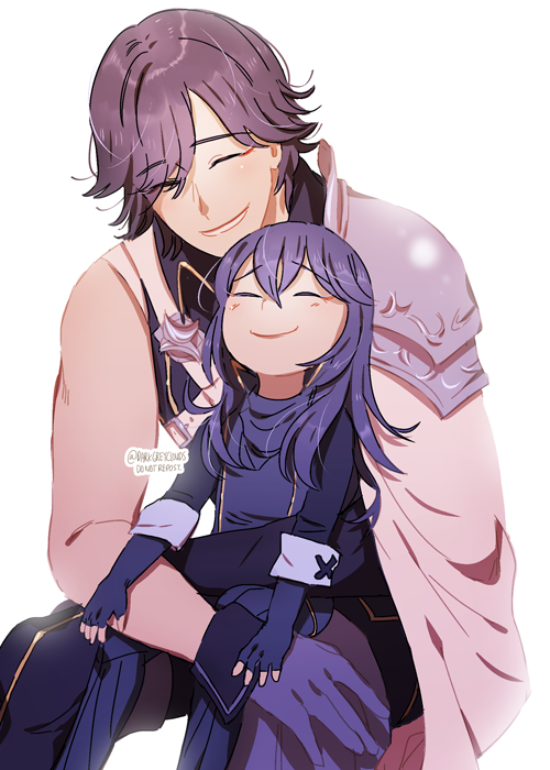 1boy 1girl blue_hair cape child closed_eyes darkgreyclouds father_and_daughter fingerless_gloves fire_emblem fire_emblem:_kakusei gloves grin hair_over_one_eye krom lucina sitting sitting_on_lap sitting_on_person smile