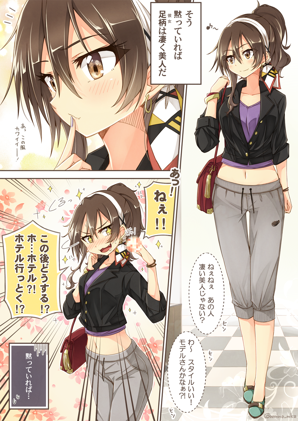 &gt;:d 1girl :d alternate_costume alternate_hairstyle ashigara_(kantai_collection) blush bracelet brown_eyes brown_hair casual censored comic commentary_request earrings emphasis_lines fang finger_to_mouth full_body hairband highres jewelry kantai_collection long_hair mosaic_censoring musical_note navel nose_blush open_mouth saliva smile translation_request twitter_username umino_mokuzu_(shizumisou)