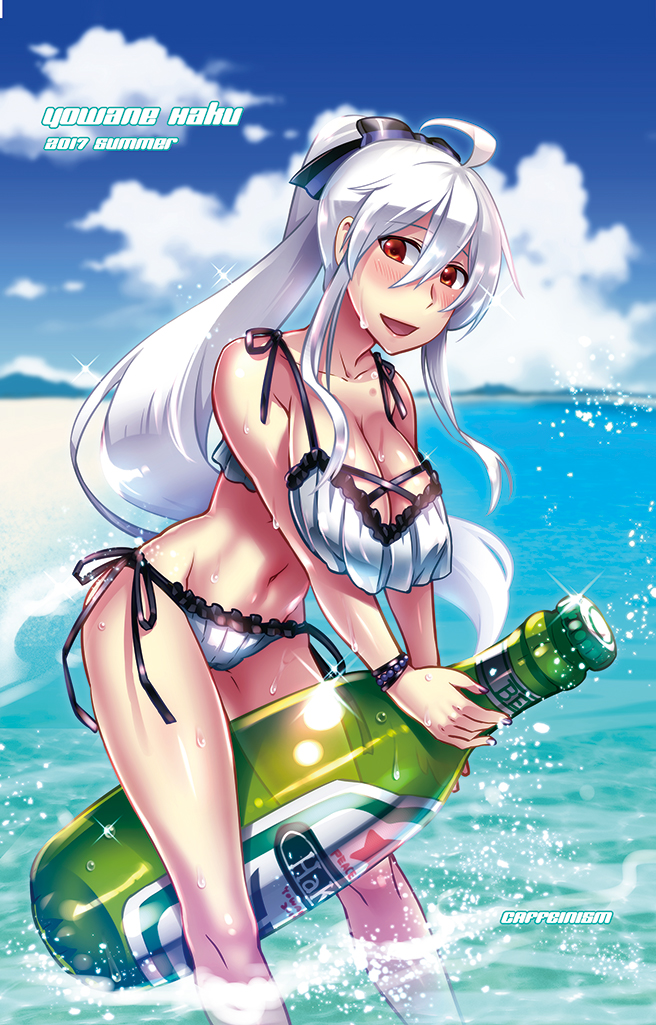 1girl ahoge alcohol beach beer beer_bottle bikini blue_sky blush bottle breasts caffein cleavage clouds day headphones long_hair looking_at_viewer ocean open_mouth outdoors oversized_object ponytail red_eyes sand side-tie_bikini silver_hair sky smile solo swimsuit vocaloid voyakiloid water yowane_haku