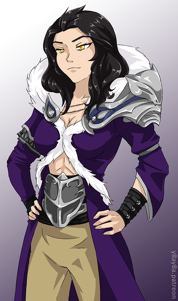 1girl abs black_hair breasts cleavage female fur_collar genderswap genderswap_(mtf) ghira_belladonna purple_coat rwby solo yaya_(y8ay8a) yellow_eyes