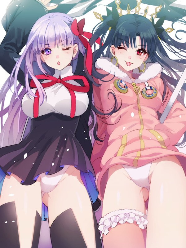 10s 2girls ;p akao_ppai bb_(fate/extra_ccc) black_hair black_legwear blush breasts crown earrings fate/extra fate/extra_ccc fate/grand_order fate_(series) hand_in_pocket ishtar_(fate/grand_order) ishtar_(swimsuit_rider)_(fate) jacket jewelry long_hair multiple_girls one_eye_closed pink_legwear purple_hair red_eyes single_thighhigh smile thigh-highs tohsaka_rin tongue tongue_out twintails violet_eyes