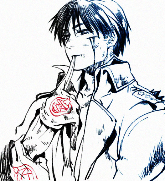 1boy biting black_eyes black_hair blood blood_on_face chongning dirty eyebrows_visible_through_hair fullmetal_alchemist glove_biting gloves gloves_removed injury looking_away male_focus military military_uniform monochrome roy_mustang short_hair simple_background solo_focus uniform white_background