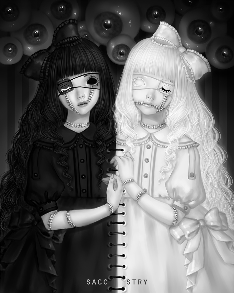 2girls closed_eyes eyeballs eyepatch gothic_lolita hand_holding lolita_fashion monochrome multiple_girls original saccstry sewn_together