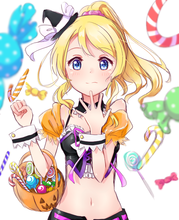 1girl ayase_eli black_hat blonde_hair blue_eyes blush breasts choker crop_top eyebrows_visible_through_hair hair_ornament hair_scrunchie hat hat_ribbon high_ponytail looking_at_viewer love_live! love_live!_school_idol_project mameusa midriff navel ribbon scrunchie simple_background small_breasts solo stomach upper_body white_background white_ribbon witch_hat wrist_cuffs