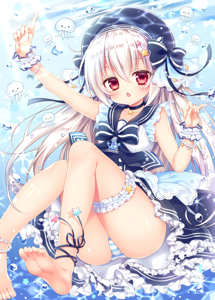 1girl anklet ass barefoot black_bow black_hat blue_panties blush bow dress eyebrows_visible_through_hair feet hat jewelry long_hair looking_at_viewer mitsuba_choco original panties parted_lips red_eyes sailor_dress silver_hair soles solo striped striped_panties toes underwear white_panties