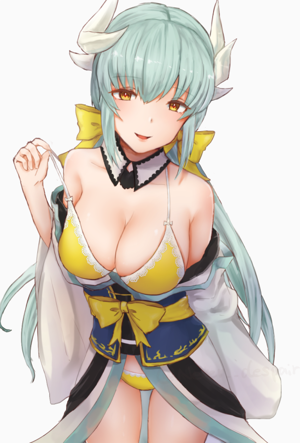 1girl bangs bare_shoulders bikini blush breasts brown_eyes cleavage cowboy_shot fate/grand_order fate_(series) green_hair hair_between_eyes hand_up holding_strap horns japanese_clothes kimono kiyohime_(fate/grand_order) kiyohime_(swimsuit_lancer)_(fate) large_breasts leaning_forward long_hair looking_at_viewer moshoko_(mizuneroku) obi parted_lips sash sidelocks simple_background smile solo swimsuit white_background white_kimono yellow_bikini