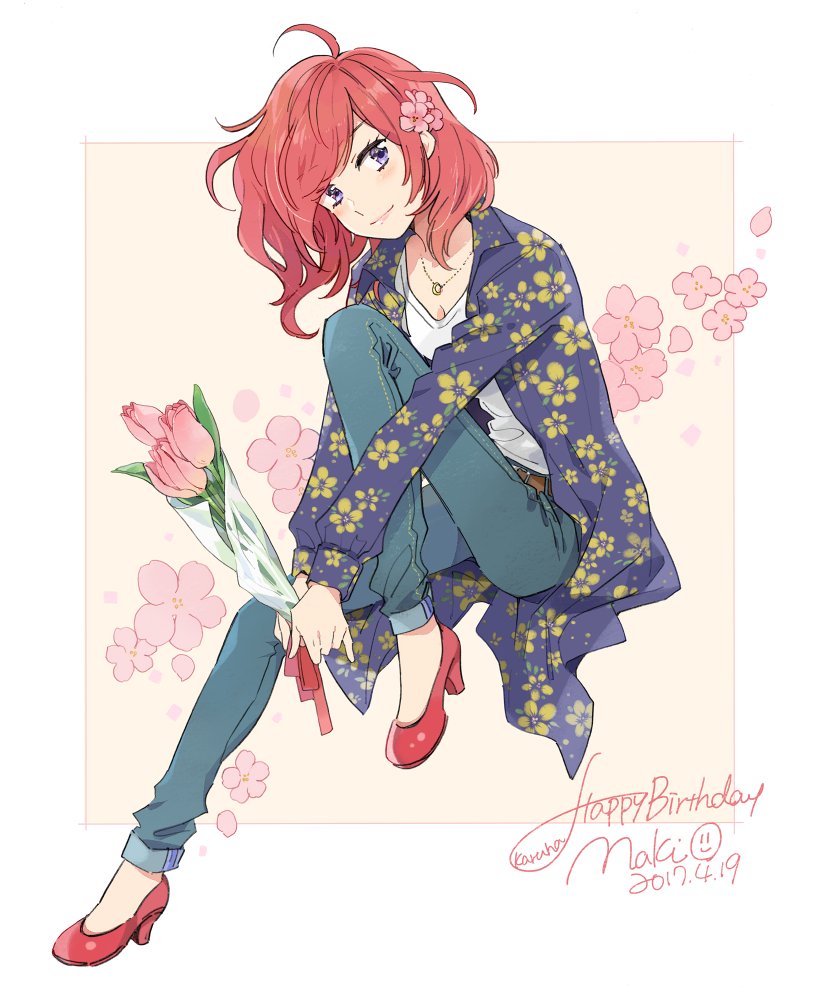 1girl ahoge artist_name bouquet breasts character_name cleavage dated denim floral_background floral_print flower hair_flower hair_ornament happy_birthday high_heels holding holding_bouquet jacket jeans jewelry karuha knee_up long_sleeves looking_at_viewer love_live! love_live!_school_idol_project necklace nishikino_maki pants print_jacket red_shoes redhead shirt shoes short_hair smile solo violet_eyes white_shirt
