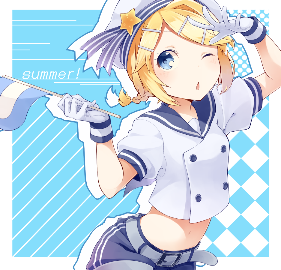 1girl arm_up belt blonde_hair blue_eyes blue_shorts braid gloves hair_ornament hat holding_flag kagamine_rin midriff navel one_eye_closed open_mouth positive_bbt shirt short_hair short_sleeves shorts solo standing stomach vocaloid white_gloves white_hat white_shirt