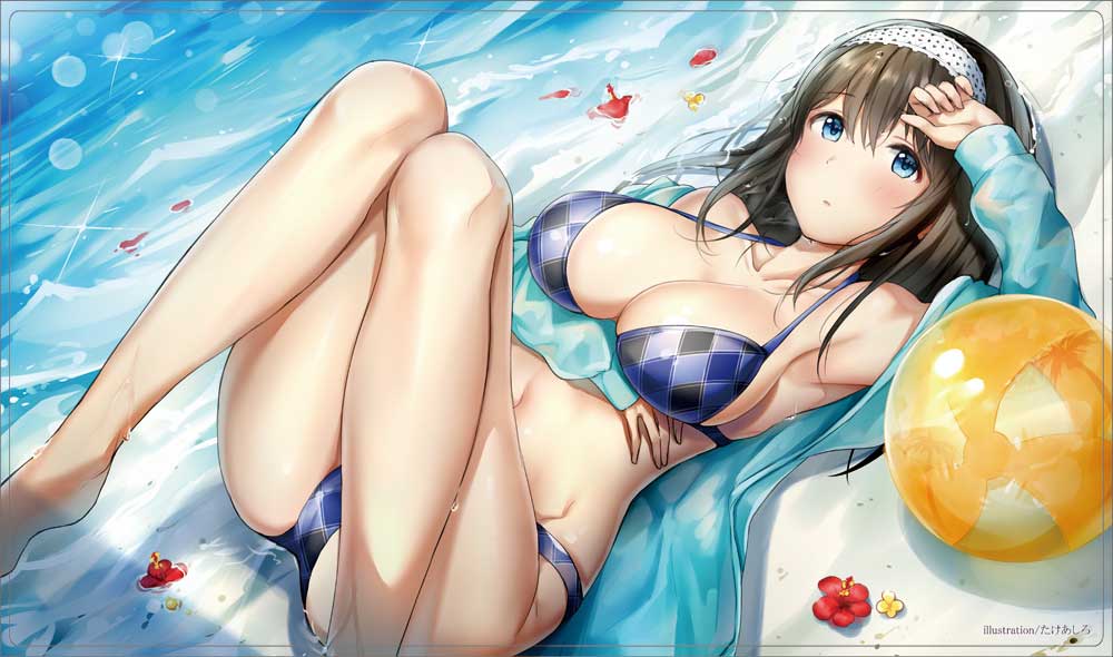 10s 1girl argyle_bikini armpits ball bangs bare_shoulders barefoot beach beachball bikini black_hair blue_bikini blue_eyes blue_jacket blush breast_hold breasts cleavage collarbone eyebrows_visible_through_hair flower hairband hand_on_own_forehead hips idolmaster idolmaster_cinderella_girls jacket knees_up large_breasts legs long_hair looking_at_viewer looking_to_the_side lying navel ocean on_back open_clothes open_jacket outdoors parted_lips sagisawa_fumika solo sparkle sunlight swimsuit takeya_y0615 thighs waist wet