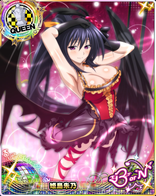 1girl armpits asymmetrical_wings bare_shoulders black_gloves black_hair breasts card_(medium) character_name chess_piece cleavage demon_wings dress erect_nipples feathered_wings flower gloves gothic_lolita hair_flower hair_ornament hair_ribbon high_school_dxd high_school_dxd_born himejima_akeno large_breasts lolita_fashion long_hair long_ponytail official_art ponytail queen_(chess) ribbon smile solo standing trading_card very_long_hair violet_eyes wings