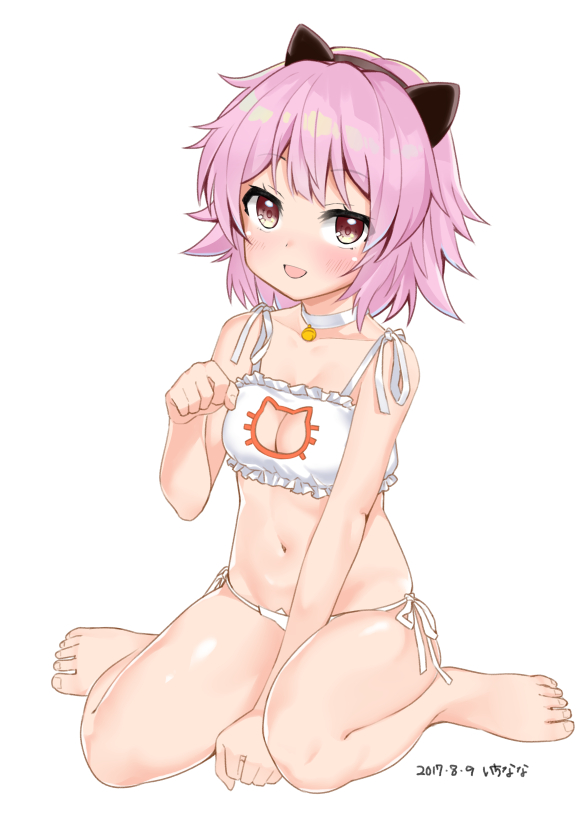 1girl :d animal_ears artist_name barefoot bell bell_choker brown_eyes cat_cutout cat_ears cat_lingerie choker dated fake_animal_ears jingle_bell kantai_collection meme_attire mokyutan open_mouth panties pink_hair short_hair side-tie_panties simple_background smile solo tama_(kantai_collection) toes underwear white_background white_panties