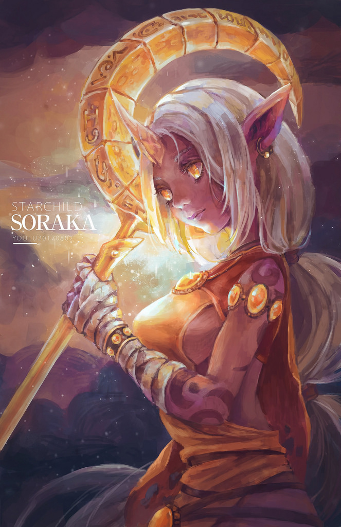 1girl armlet artist_name bandage bracelet breasts capelet character_name earrings horn jewelry league_of_legends long_hair looking_at_viewer pointy_ears ponytail purple_skin sideboob solo soraka staff standing tattoo very_long_hair white_hair yellow_eyes youlu