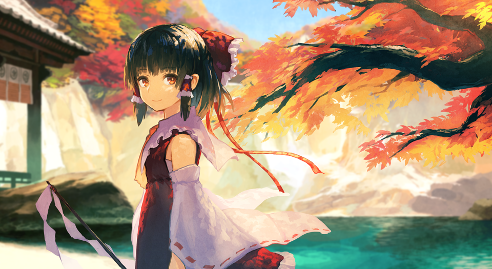 1girl autumn_leaves black_hair bow closed_mouth commentary_request day detached_sleeves gohei hair_bow hair_ribbon hakurei_reimu kitsune_(kazenouta) looking_at_viewer outdoors red_bow red_eyes red_ribbon red_skirt ribbon ribbon-trimmed_sleeves ribbon_trim sarashi shide side_ponytail skirt skirt_set smile solo touhou vest water