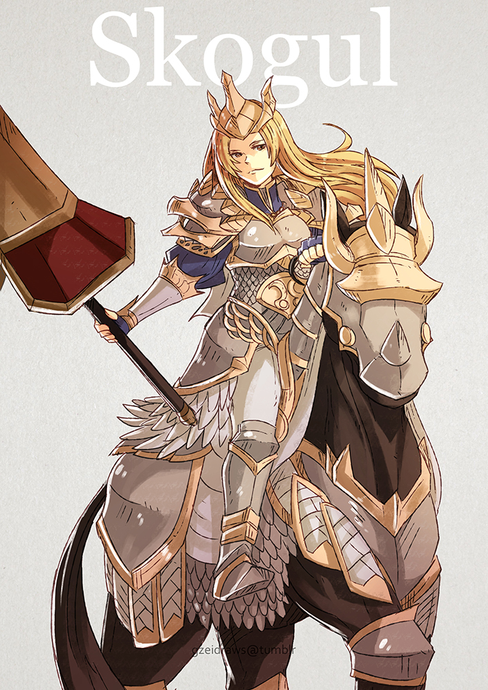 1girl armor blonde_hair breastplate crown fingerless_gloves fire_emblem fire_emblem_echoes:_mou_hitori_no_eiyuuou fire_emblem_gaiden gloves greaves grin gzei holding holding_weapon horse knight lance long_hair looking_at_viewer matilda_(fire_emblem) pauldrons polearm riding simple_background smile solo weapon