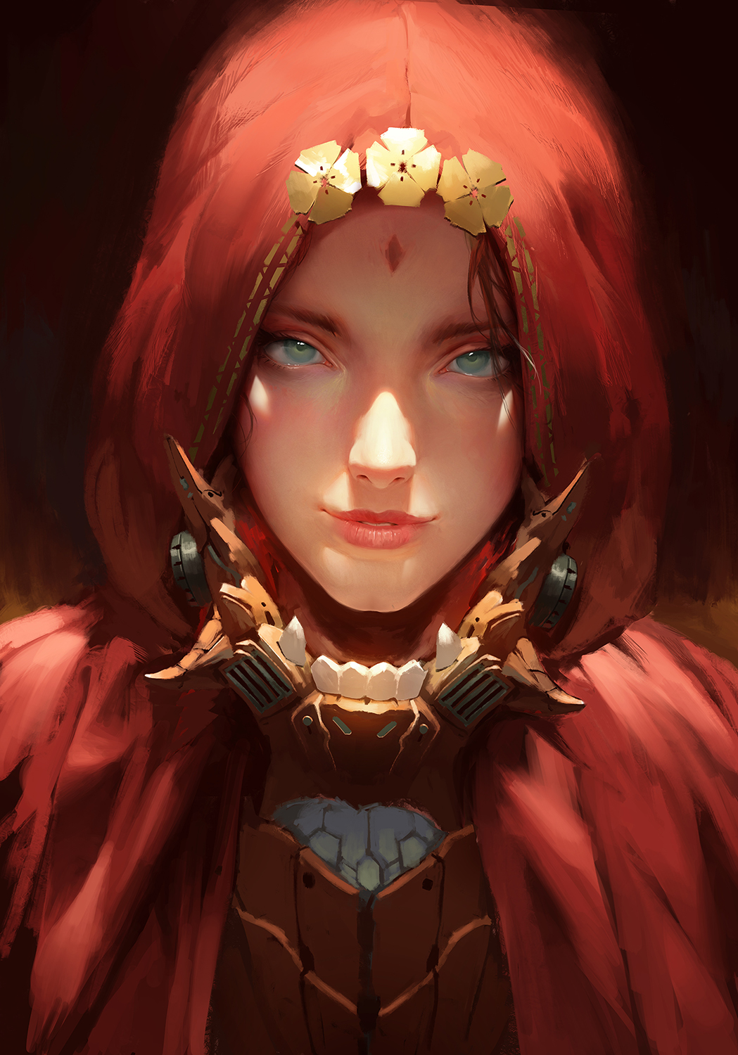 1girl breastplate brown_hair cape eyelashes face facial_mark flower_ornament gold_trim grey_eyes highres hood lips looking_at_viewer nose original parted_lips portrait realistic red_cape smile smirk solo son_trinh
