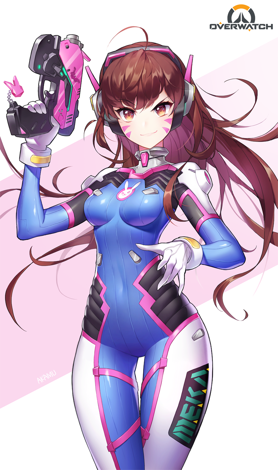 &gt;:) 1girl acronym ahoge akamu animal_print artist_name bangs blue_bodysuit bodysuit breasts brown_eyes brown_hair bubble_blowing bunny_print charm_(object) clothes_writing copyright_name covered_navel cowboy_shot d.va_(overwatch) diagonal-striped_background eyebrows_visible_through_hair facepaint facial_mark finger_on_trigger gloves gradient gradient_background gun handgun headphones high_collar highres long_hair looking_at_viewer medium_breasts overwatch pilot_suit pink_background pink_lips pistol ribbed_bodysuit shoulder_pads signature skin_tight solo swept_bangs weapon whisker_markings white_background white_gloves