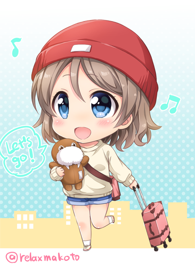 1girl :d bag beanie beige_sweater blue_eyes blush chibi commentary_request denim denim_shorts english grey_hair hat long_sleeves love_live! love_live!_sunshine!! musical_note open_mouth polka_dot polka_dot_background red_hat rolling_suitcase sakurai_makoto_(custom_size) short_hair shorts shoulder_bag smile solo standing standing_on_one_leg stuffed_toy twitter_username uchicchii watanabe_you