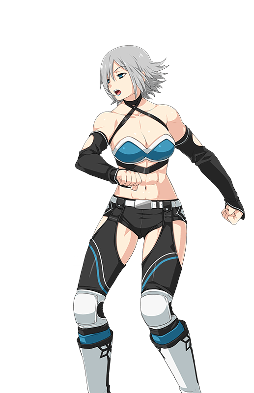 1girl abs belt blue_eyes blue_lipstick boots breasts clenched_hands collarbone detached_sleeves freezer_katakura grey_hair hair_over_one_eye large_breasts lipstick looking_to_the_side makeup muscle muscular_female navel official_art open_mouth ring_dream short_hair shorts solo wrestling_outfit yorumura_shiro