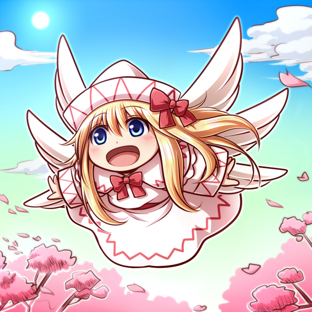 1girl :d angel_wings bangs blonde_hair blue_eyes blue_sky blush cherry_blossoms chibi clouds commentary_request day dress eyebrows_visible_through_hair feathered_wings floating_hair flying hair_between_eyes lily_white long_hair looking_afar multiple_wings open_mouth red_ribbon ribbon sky smile solo sun tottsuman touhou white_dress white_wings wings